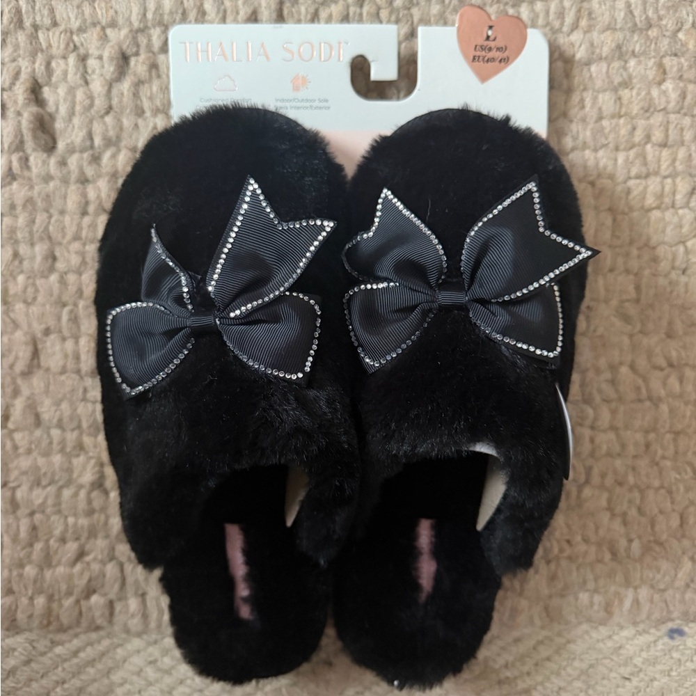 Thalia Sodi Black Kids Slippers with Rhinestone Bow
